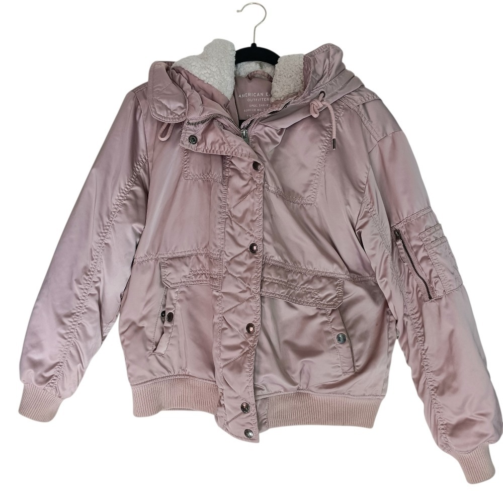 American Eagle Bomber Jacket Womens Large Pink Sherpa Lined Hooded Utility Coat - Picture 1 of 10